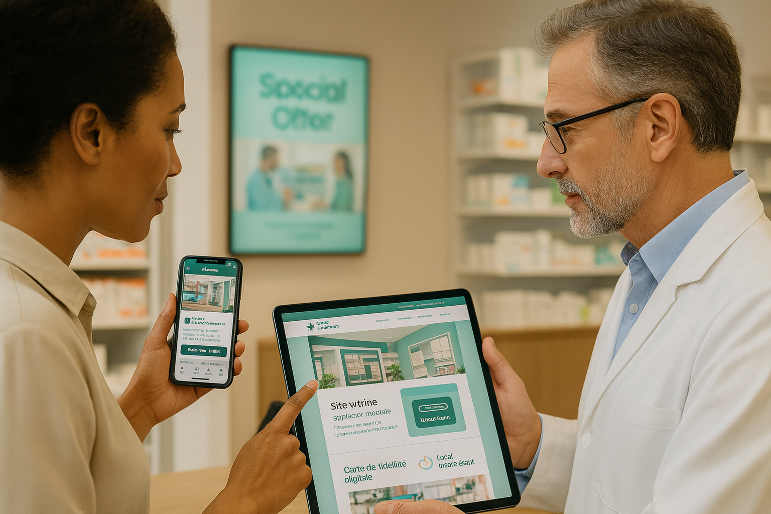 Une conseillère présente à un pharmacien un site vitrine et une application mobile sur tablette et smartphone dans une pharmacie moderne, illustrant la digitalisation des officines.