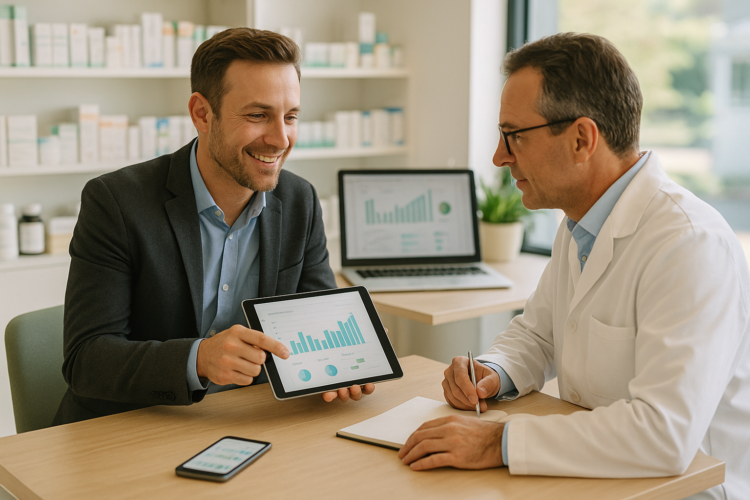 Pharmacien analysant les KPIs de son officine sur ordinateur et tablette dans une pharmacie moderne avec vue méditerranéenne.