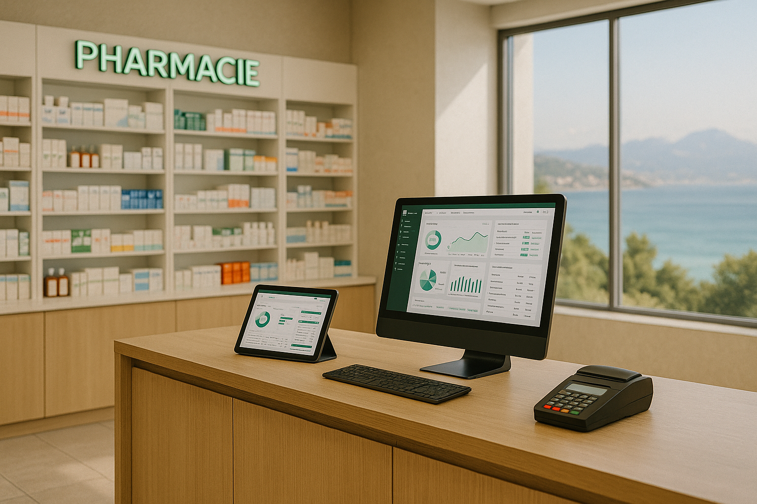 Intérieur lumineux d’une pharmacie moderne avec comptoir bois clair équipé d’un écran de caisse et d’une tablette affichant des outils digitaux, vue sur la mer Méditerranée.